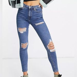 Topshop Jamie jean with super rip in mid blue size 25